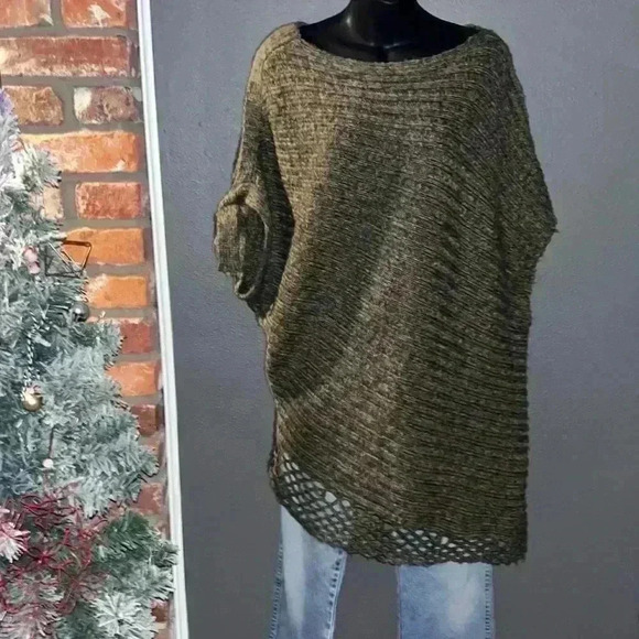 Hendi Asymmetrical Open Knit Hem Tunic Sweater Cold Shoulder Tie Size M/L Taupe - Picture 1 of 13